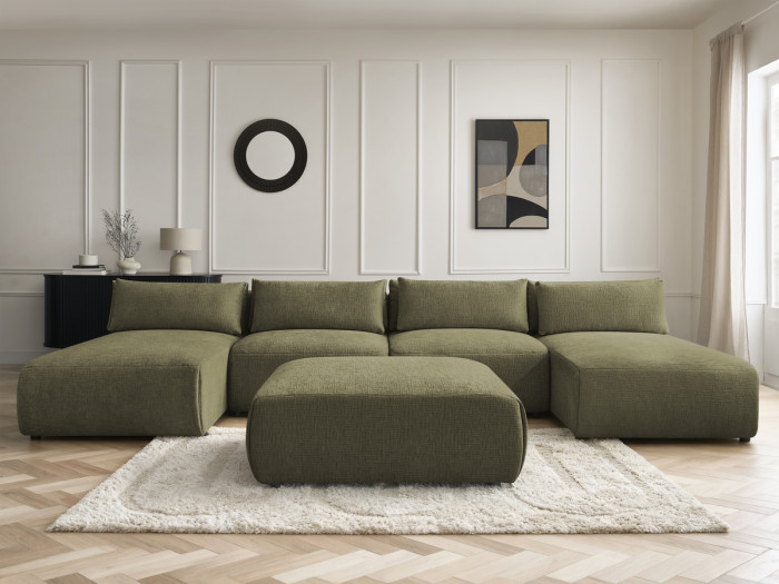 Canapé panoramique fixe modulable avec têtières JANA tissu texturé avec 2 méridiennes, 2 chauffeuses et 1 grand pouf