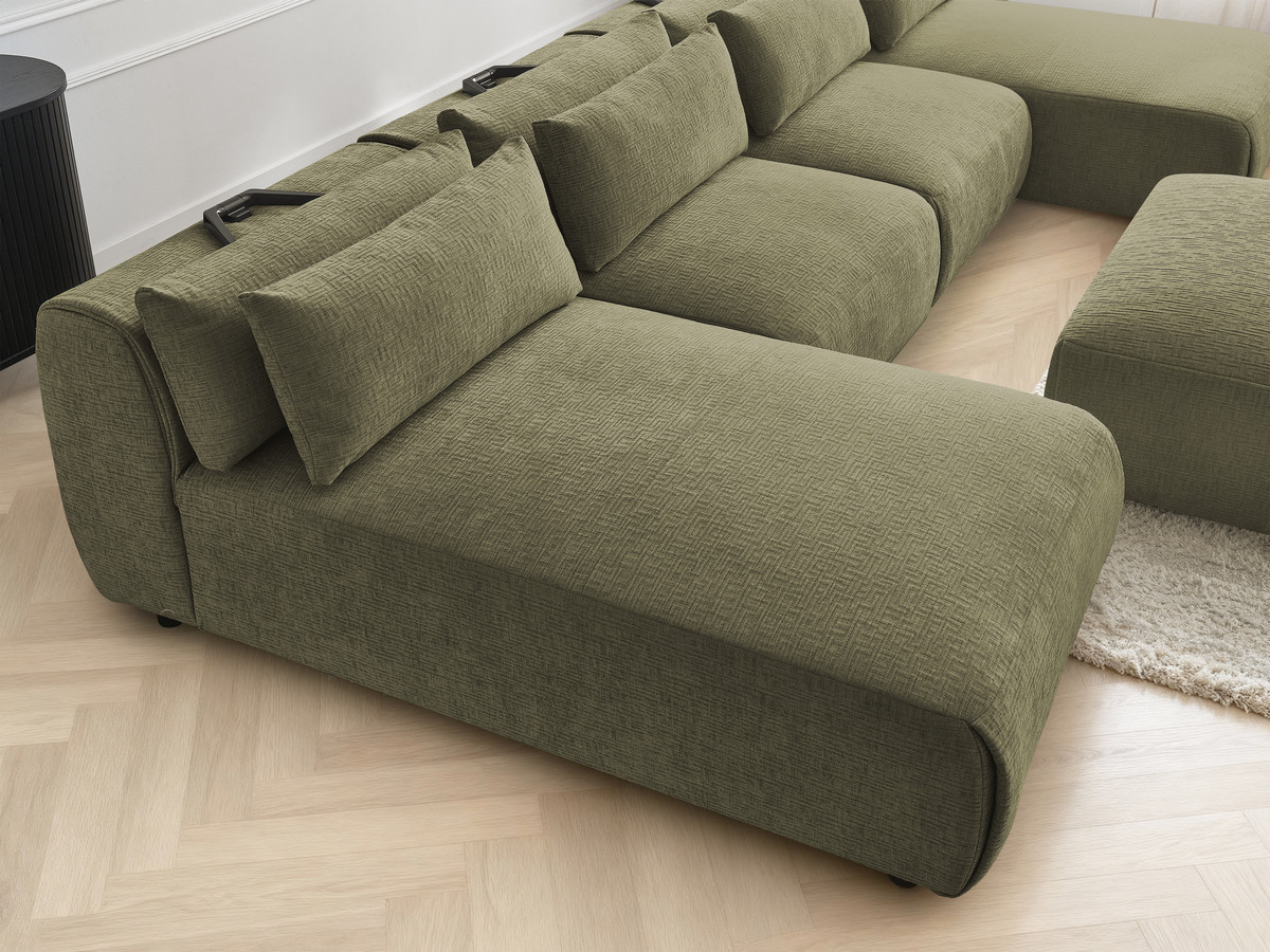 Modulaire vaste panoramabank met hoofdsteunen in JANA-stof met 2 chaise longues, 2 fauteuils en 1 grote poef