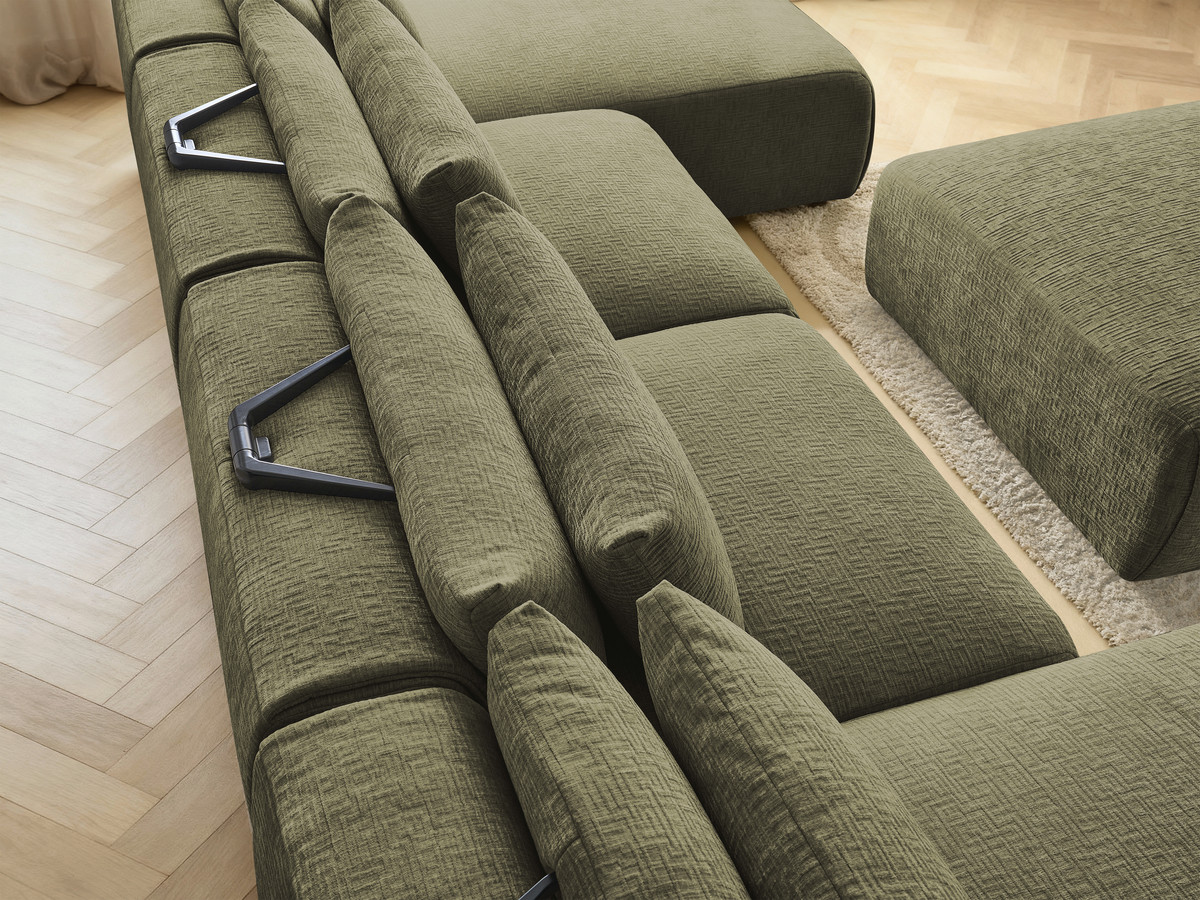 Modulaire vaste panoramabank met hoofdsteunen in JANA-stof met 2 chaise longues, 2 fauteuils en 1 grote poef