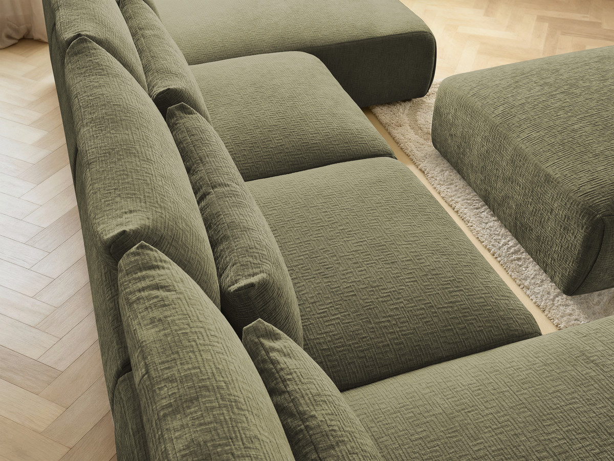 Modulaire vaste panoramabank met hoofdsteunen in JANA-stof met 2 chaise longues, 2 fauteuils en 1 grote poef