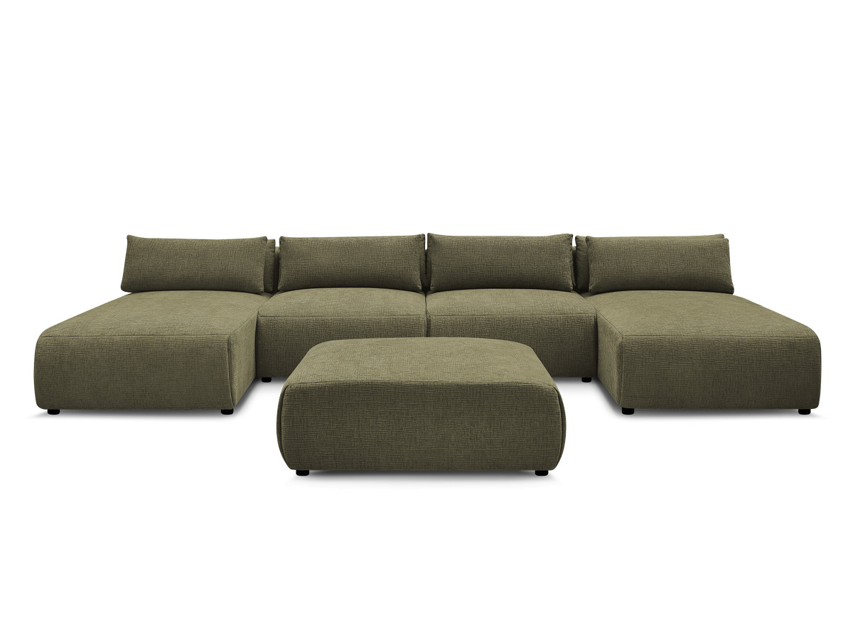 Modulaire vaste panoramabank met hoofdsteunen in JANA-stof met 2 chaise longues, 2 fauteuils en 1 grote poef