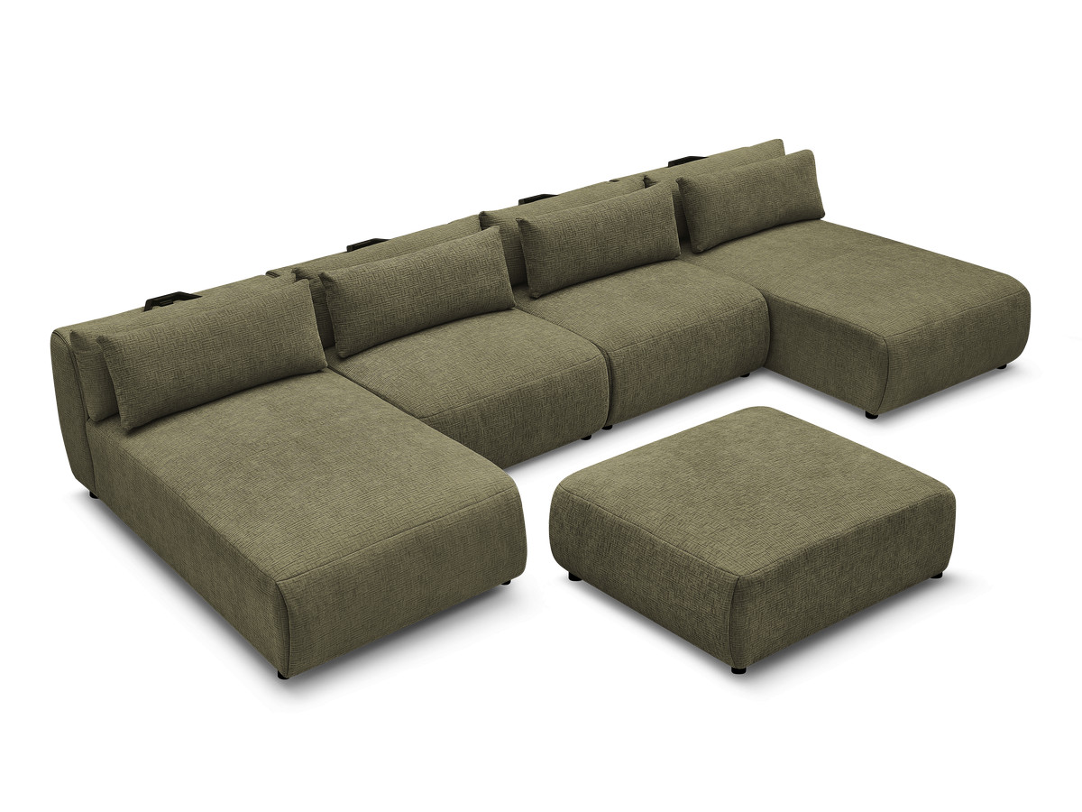 Modulaire vaste panoramabank met hoofdsteunen in JANA-stof met 2 chaise longues, 2 fauteuils en 1 grote poef