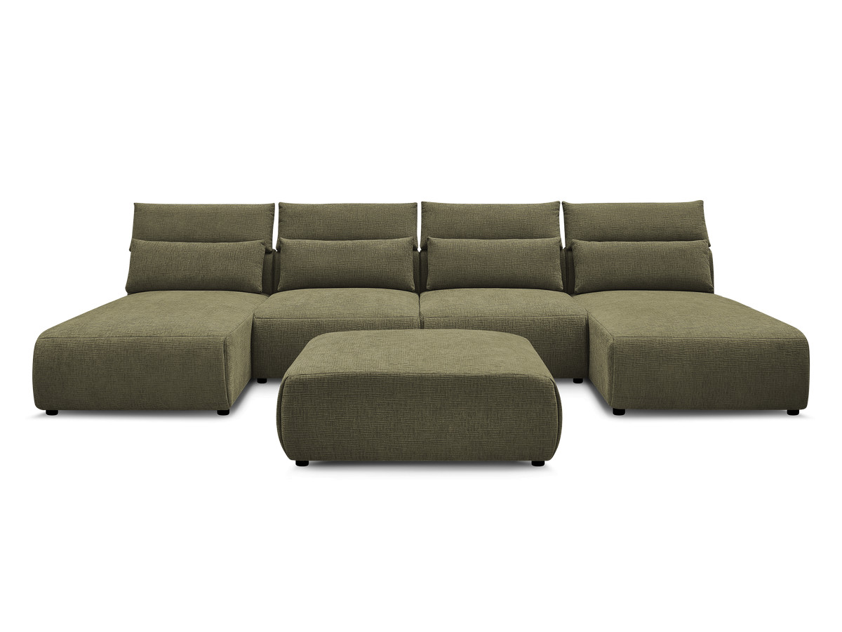 Modulaire vaste panoramabank met hoofdsteunen in JANA-stof met 2 chaise longues, 2 fauteuils en 1 grote poef