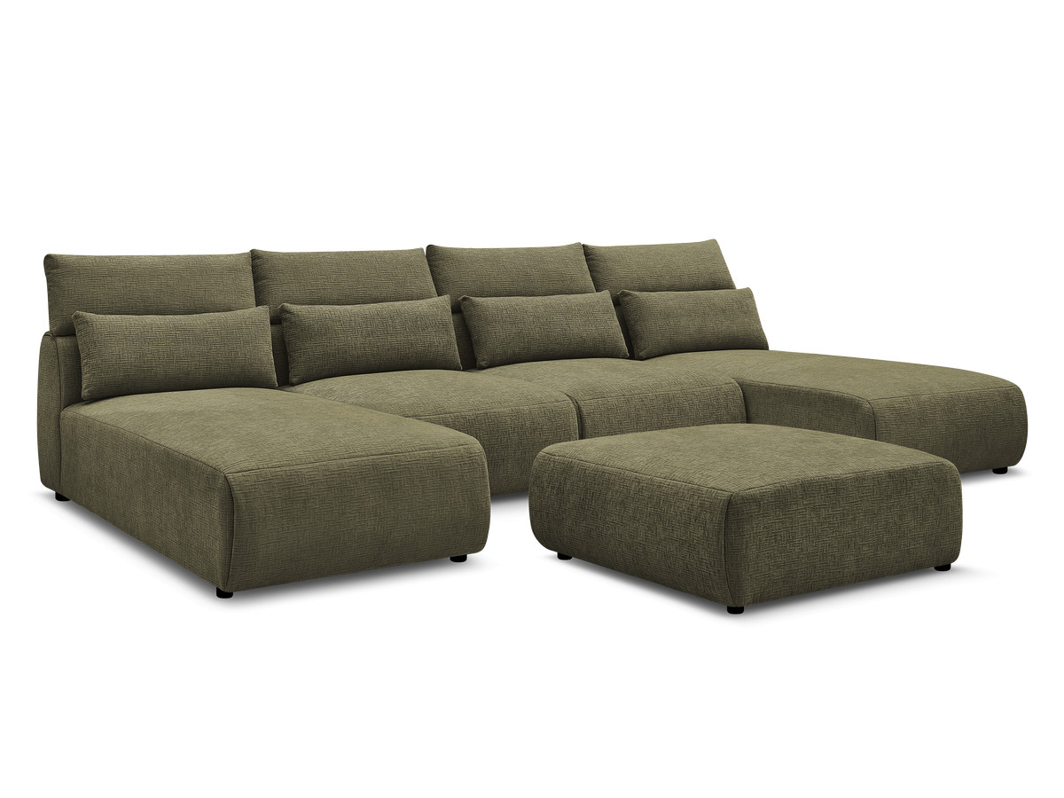 Modulaire vaste panoramabank met hoofdsteunen in JANA-stof met 2 chaise longues, 2 fauteuils en 1 grote poef