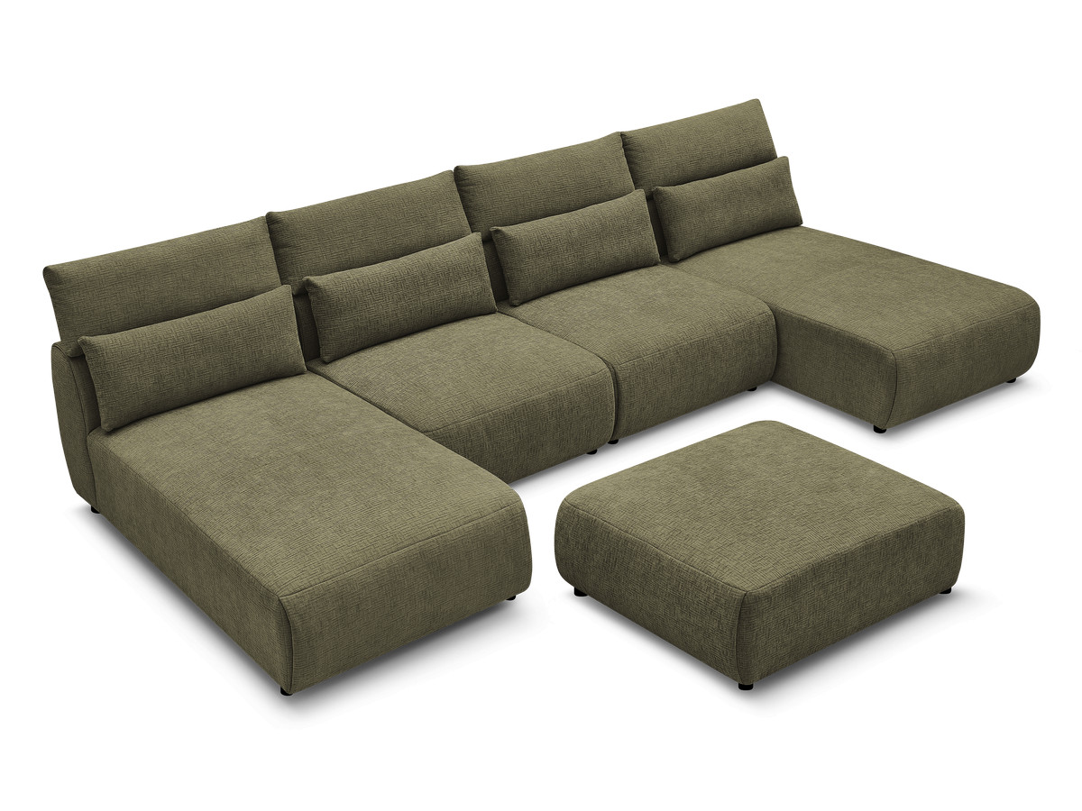 Modulaire vaste panoramabank met hoofdsteunen in JANA-stof met 2 chaise longues, 2 fauteuils en 1 grote poef