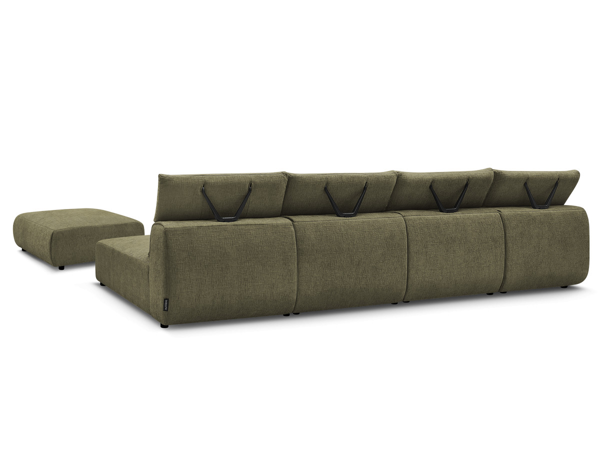 Modulaire vaste panoramabank met hoofdsteunen in JANA-stof met 2 chaise longues, 2 fauteuils en 1 grote poef