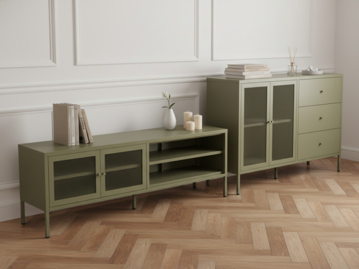 Meuble TV 2 portes 2 niches 160 cm CLARA métal + Buffet 2 portes 3 tiroirs 140 cm CLARA métal édition limitée