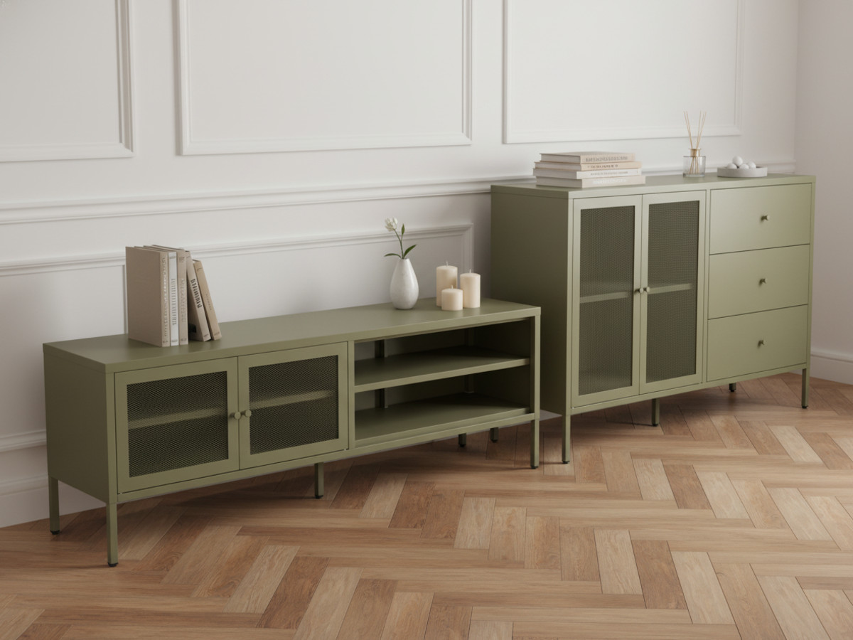 Meuble TV 2 portes 2 niches 160 cm CLARA métal + Buffet 2 portes 3 tiroirs 140 cm CLARA métal édition limitée