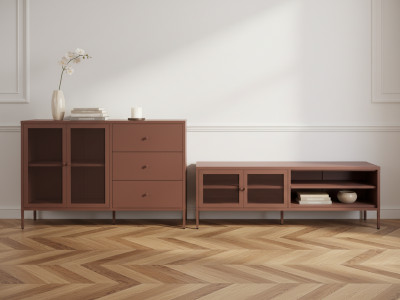 Meuble TV 2 portes 2 niches 160 cm CLARA métal + Buffet 2 portes 3 tiroirs 140 cm CLARA métal édition limitée