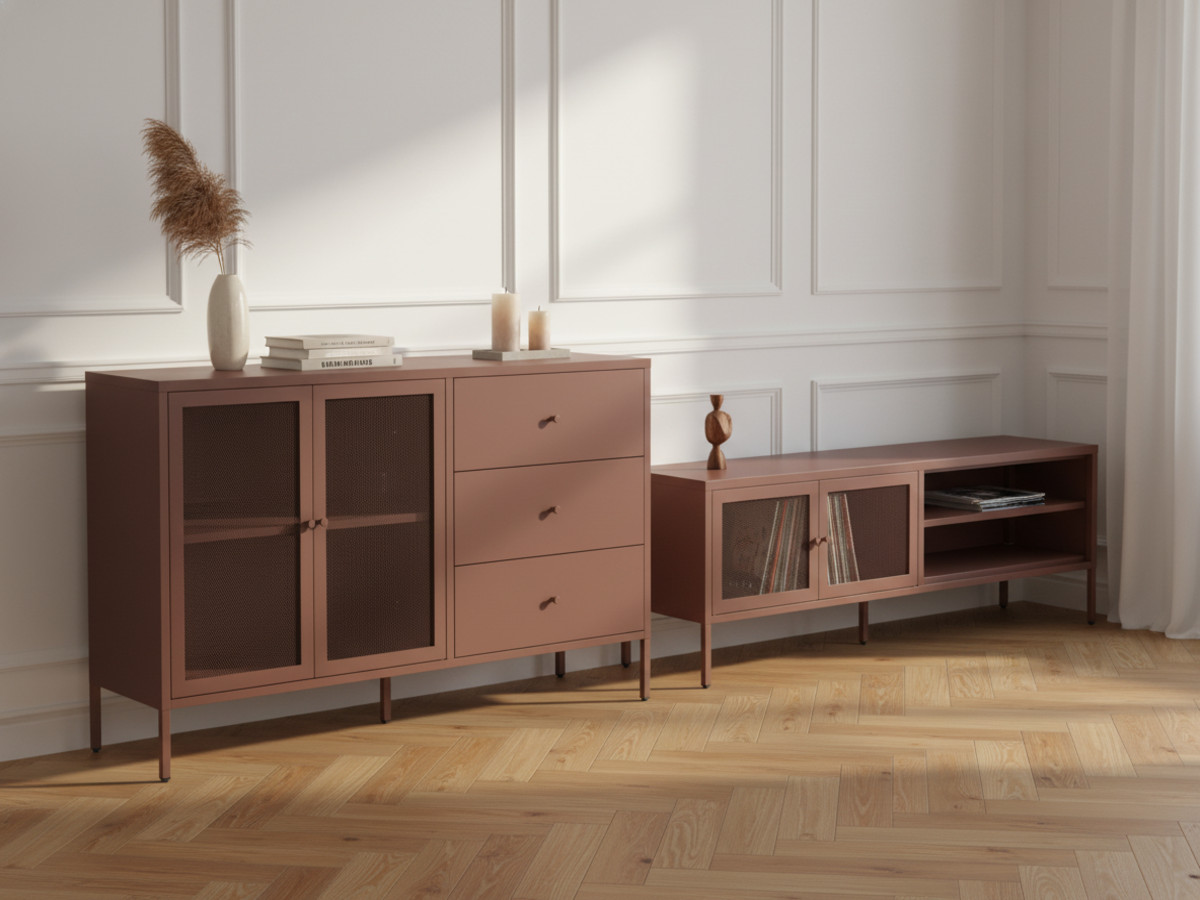 Meuble TV 2 portes 2 niches 160 cm CLARA métal + Buffet 2 portes 3 tiroirs 140 cm CLARA métal édition limitée