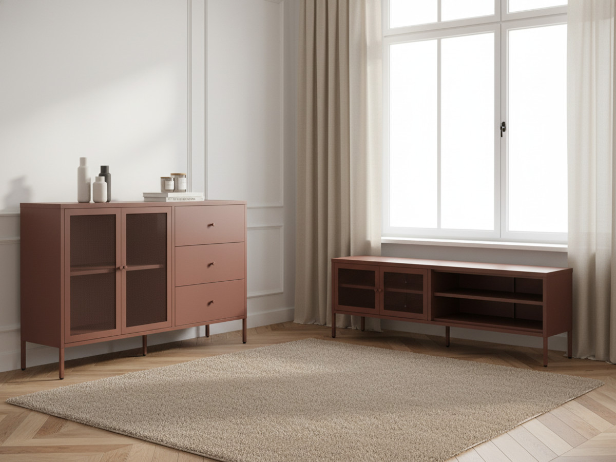 Meuble TV 2 portes 2 niches 160 cm CLARA métal + Buffet 2 portes 3 tiroirs 140 cm CLARA métal