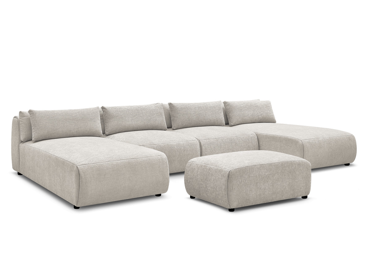 Modulaire vaste panoramabank met hoofdsteunen in JANA-stof met 2 chaise longues, 2 fauteuils en 1 kleine poef