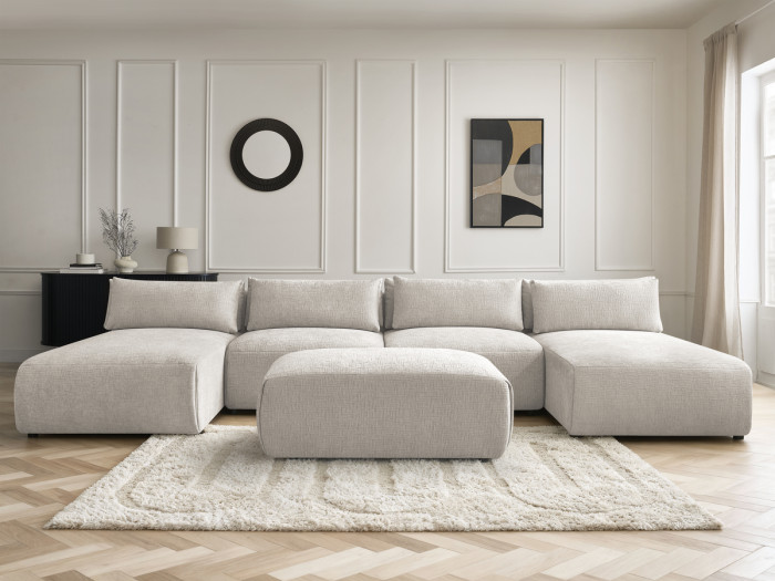 Canapé panoramique fixe modulable avec têtières JANA tissu texturé avec 2 méridiennes, 2 chauffeuses et 1 petit pouf