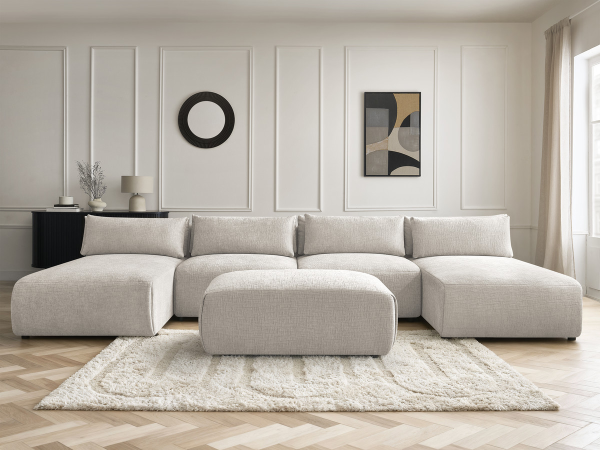 Modulaire vaste panoramabank met hoofdsteunen in JANA-stof met 2 chaise longues, 2 fauteuils en 1 kleine poef