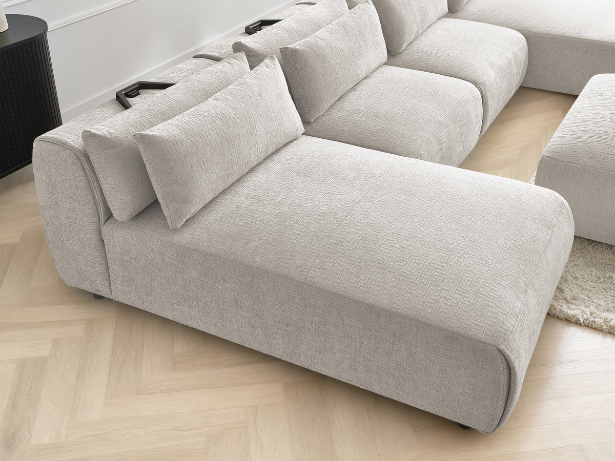 Modulaire vaste panoramabank met hoofdsteunen in JANA-stof met 2 chaise longues, 2 fauteuils en 1 kleine poef