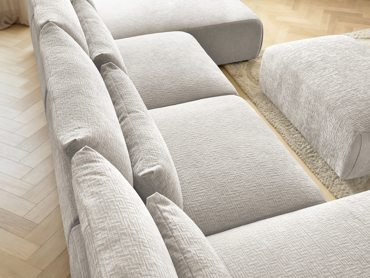 Modulaire vaste panoramabank met hoofdsteunen in JANA-stof met 2 chaise longues, 2 fauteuils en 1 kleine poef