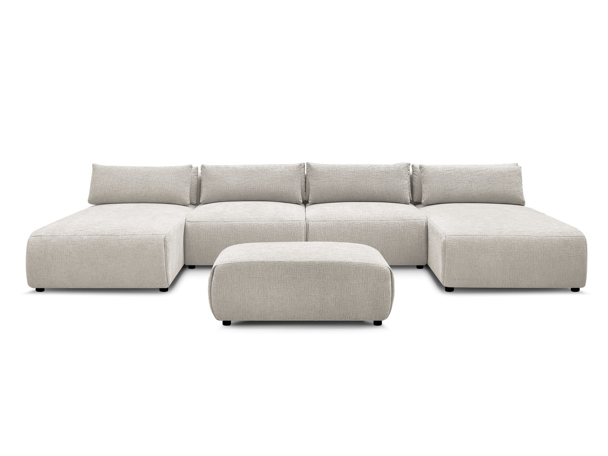 Modulaire vaste panoramabank met hoofdsteunen in JANA-stof met 2 chaise longues, 2 fauteuils en 1 kleine poef