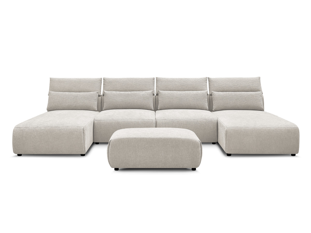 Modulaire vaste panoramabank met hoofdsteunen in JANA-stof met 2 chaise longues, 2 fauteuils en 1 kleine poef