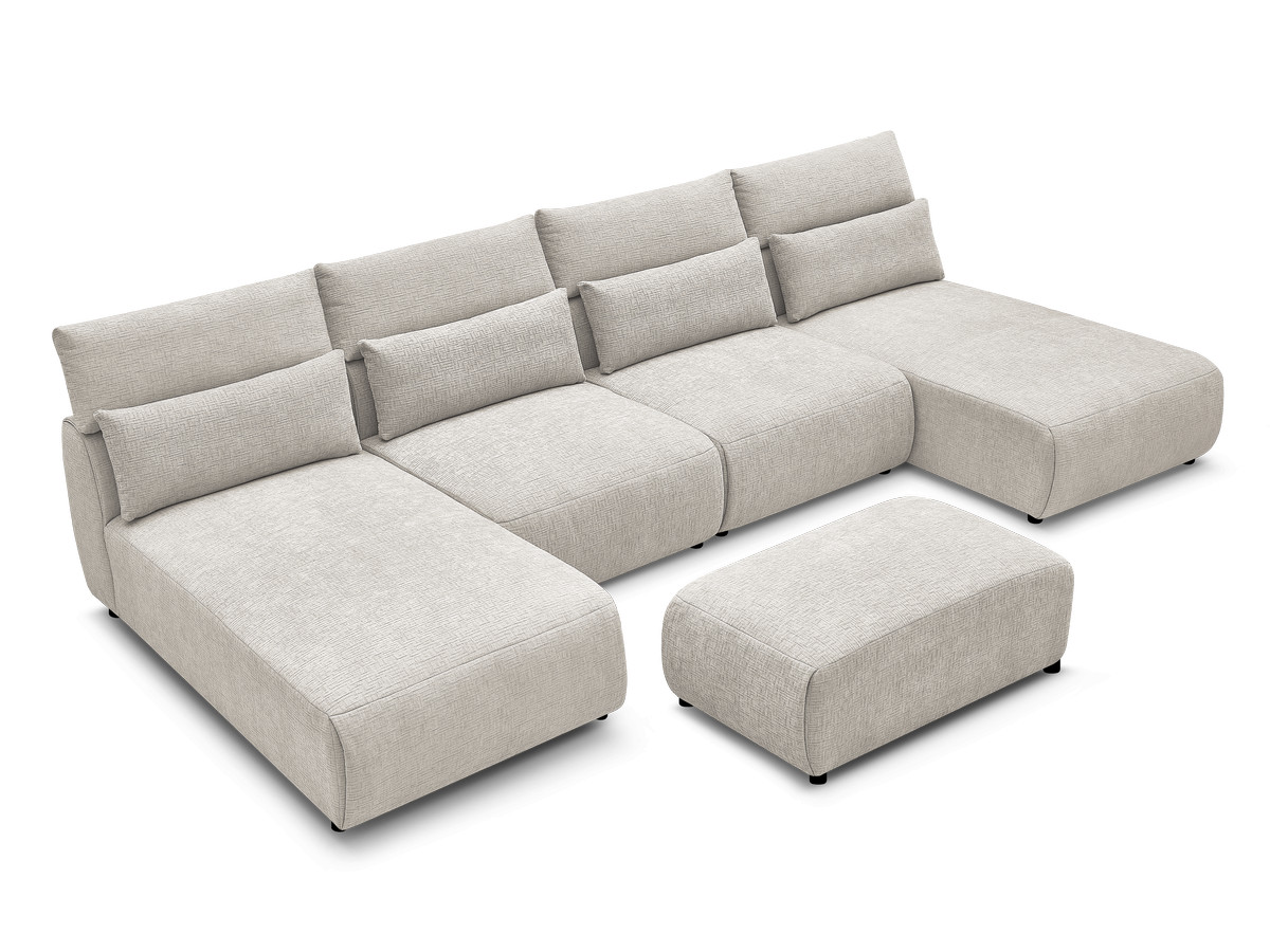 Modulaire vaste panoramabank met hoofdsteunen in JANA-stof met 2 chaise longues, 2 fauteuils en 1 kleine poef
