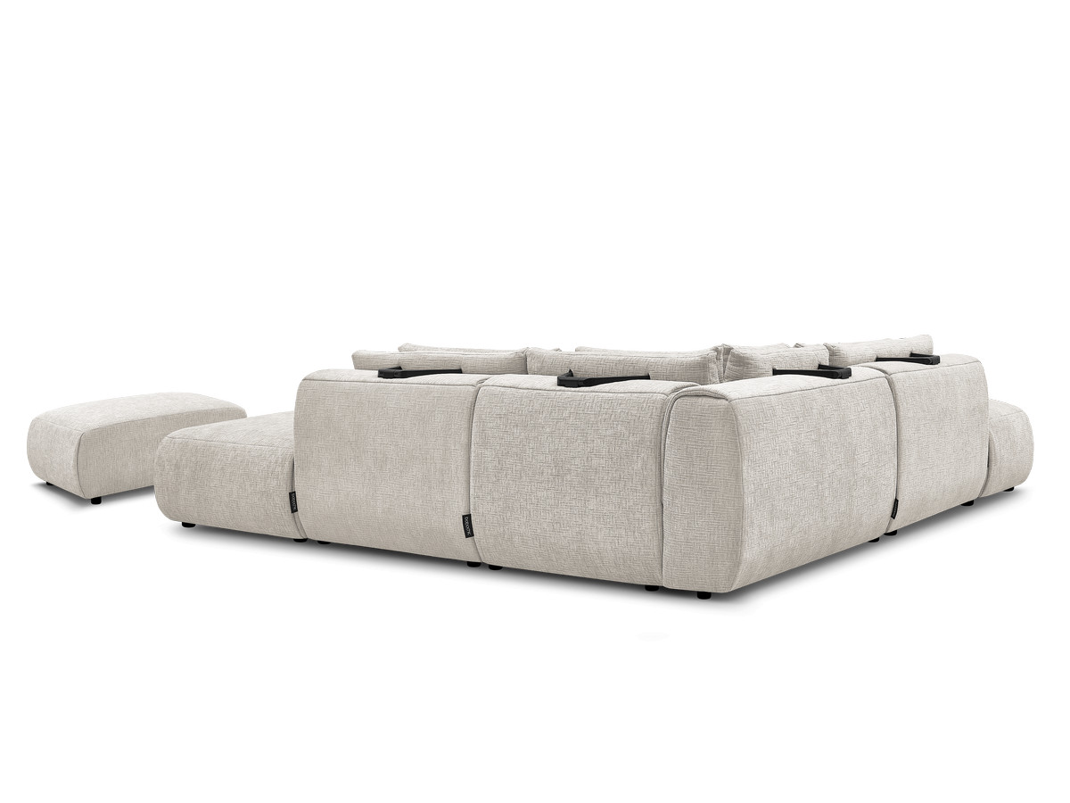 Modulaire vaste panoramabank met hoofdsteunen in JANA-stof met 2 chaise longues, 2 fauteuils en 1 kleine poef