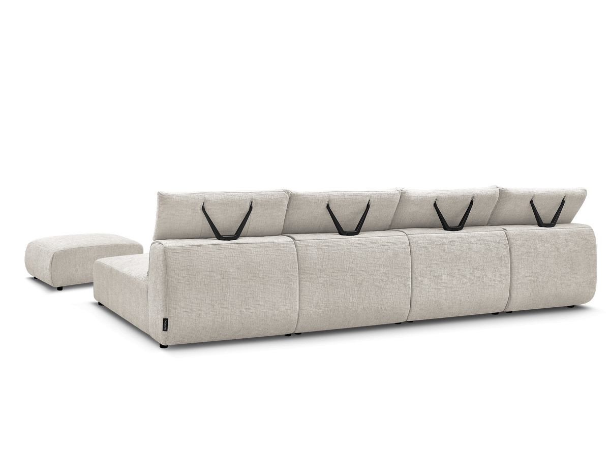 Modulaire vaste panoramabank met hoofdsteunen in JANA-stof met 2 chaise longues, 2 fauteuils en 1 kleine poef