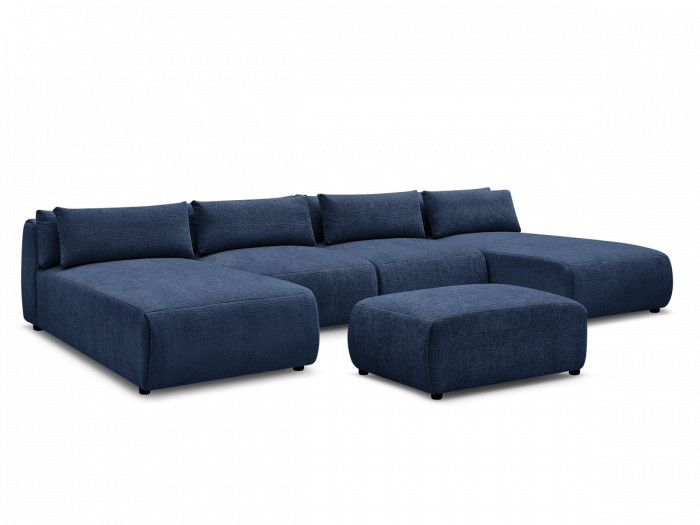 Canapé panoramique fixe modulable avec têtières JANA tissu texturé avec 2 méridiennes, 2 chauffeuses et 1 petit pouf