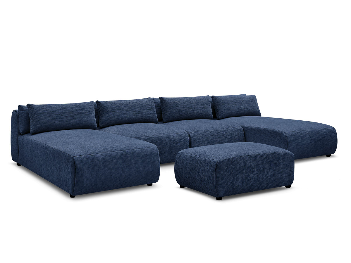 modulaire vaste panoramabank met hoofdsteunen in jana-stof met 2 chaise longues, 2 fauteuils en 1 kleine poef gekleurd donkerblauw