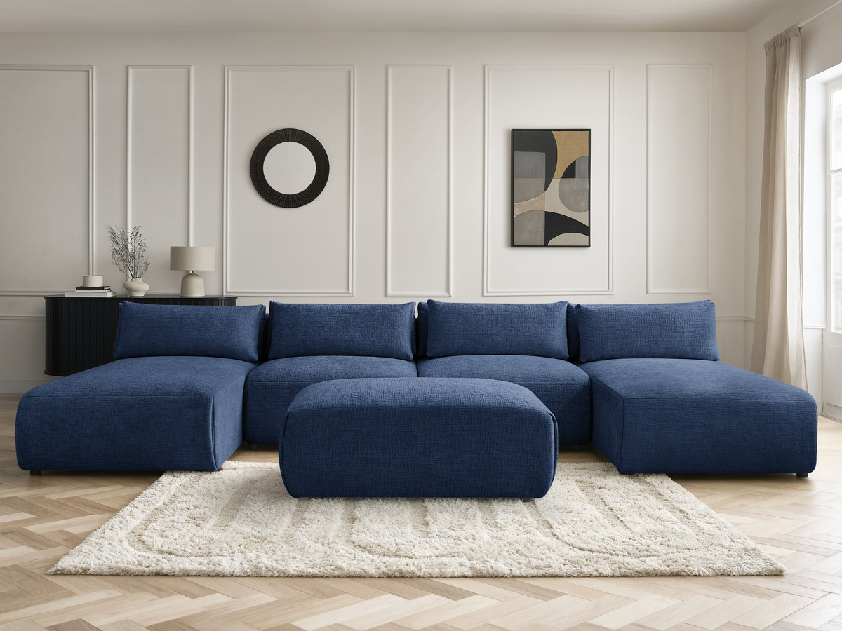 Canapé panoramique modulable avec têtières JANA texturé bleu foncé
