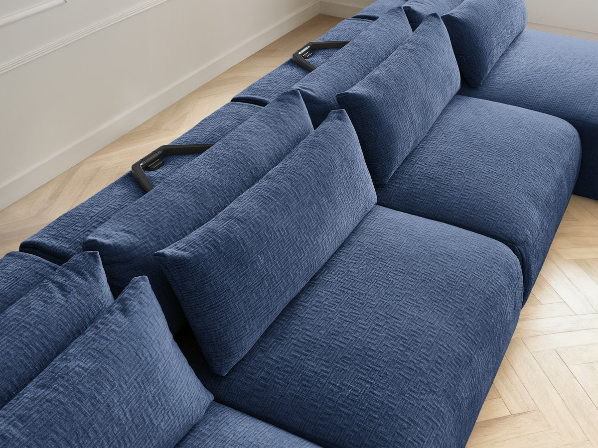 Modulaire vaste panoramabank met hoofdsteunen in JANA-stof met 2 chaise longues, 2 fauteuils en 1 kleine poef