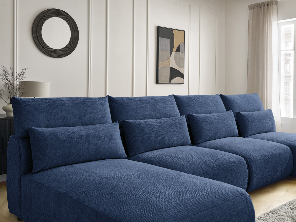 Modulaire vaste panoramabank met hoofdsteunen in JANA-stof met 2 chaise longues, 2 fauteuils en 1 kleine poef