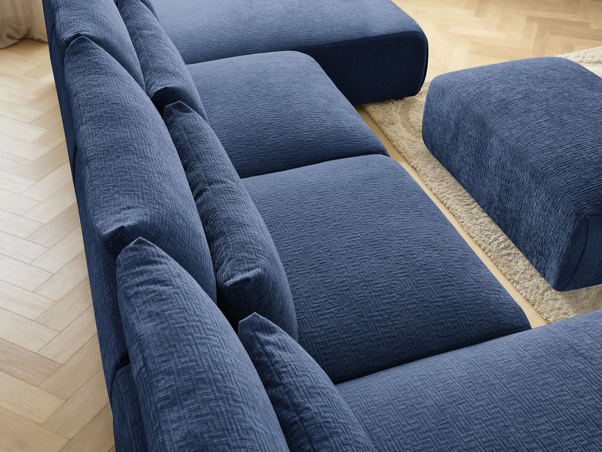 Modulaire vaste panoramabank met hoofdsteunen in JANA-stof met 2 chaise longues, 2 fauteuils en 1 kleine poef