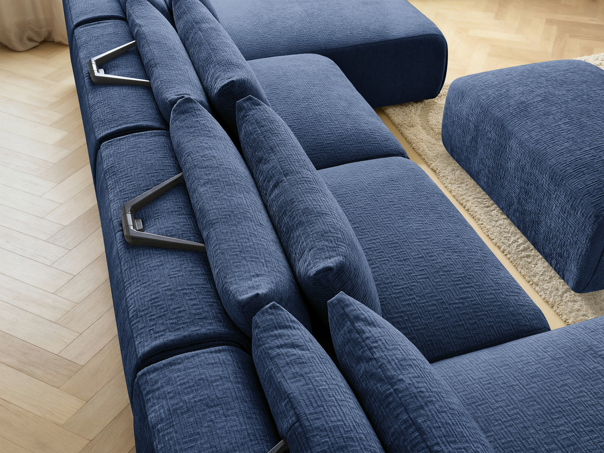 Modulaire vaste panoramabank met hoofdsteunen in JANA-stof met 2 chaise longues, 2 fauteuils en 1 kleine poef