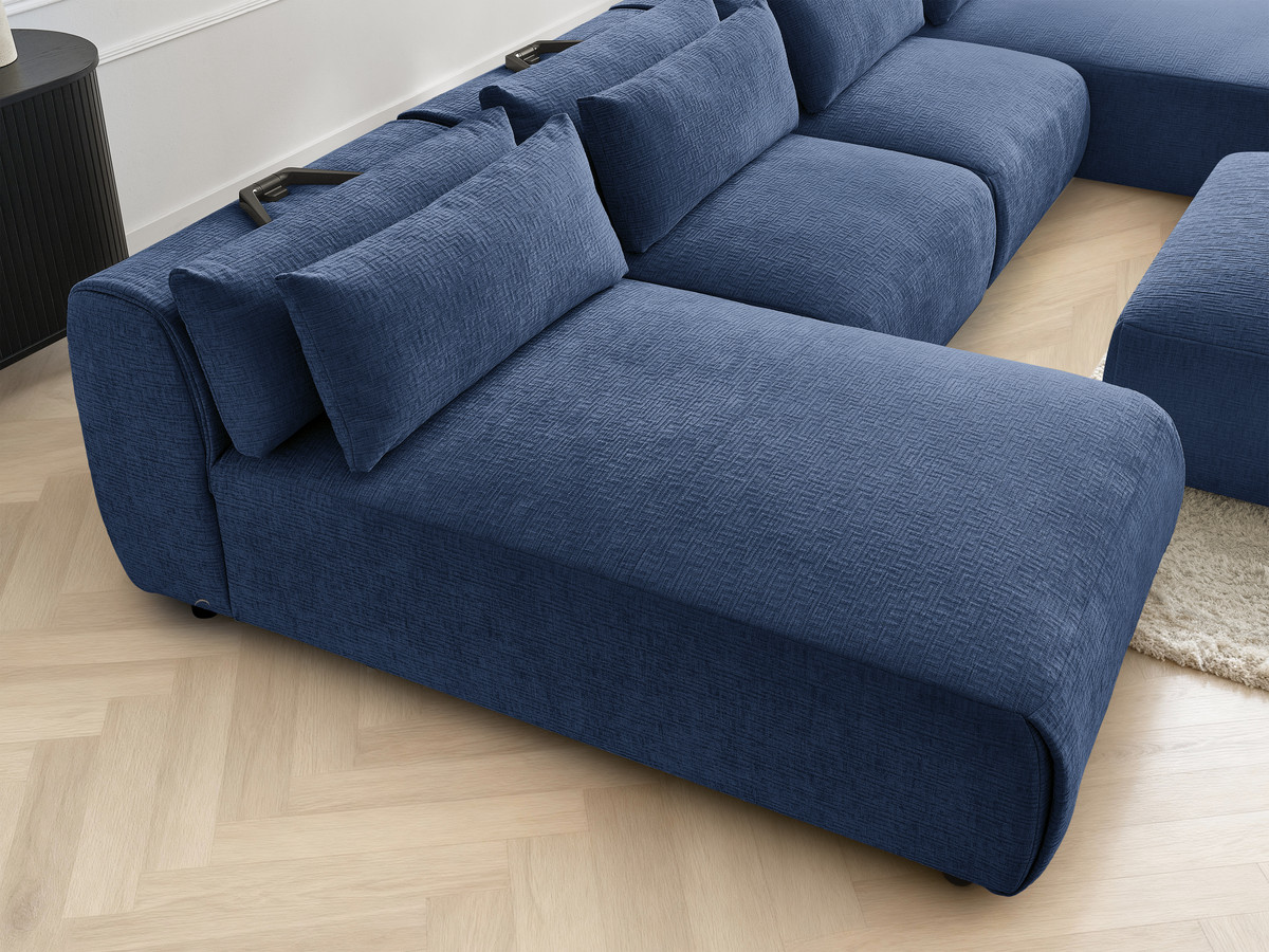 Modulaire vaste panoramabank met hoofdsteunen in JANA-stof met 2 chaise longues, 2 fauteuils en 1 kleine poef