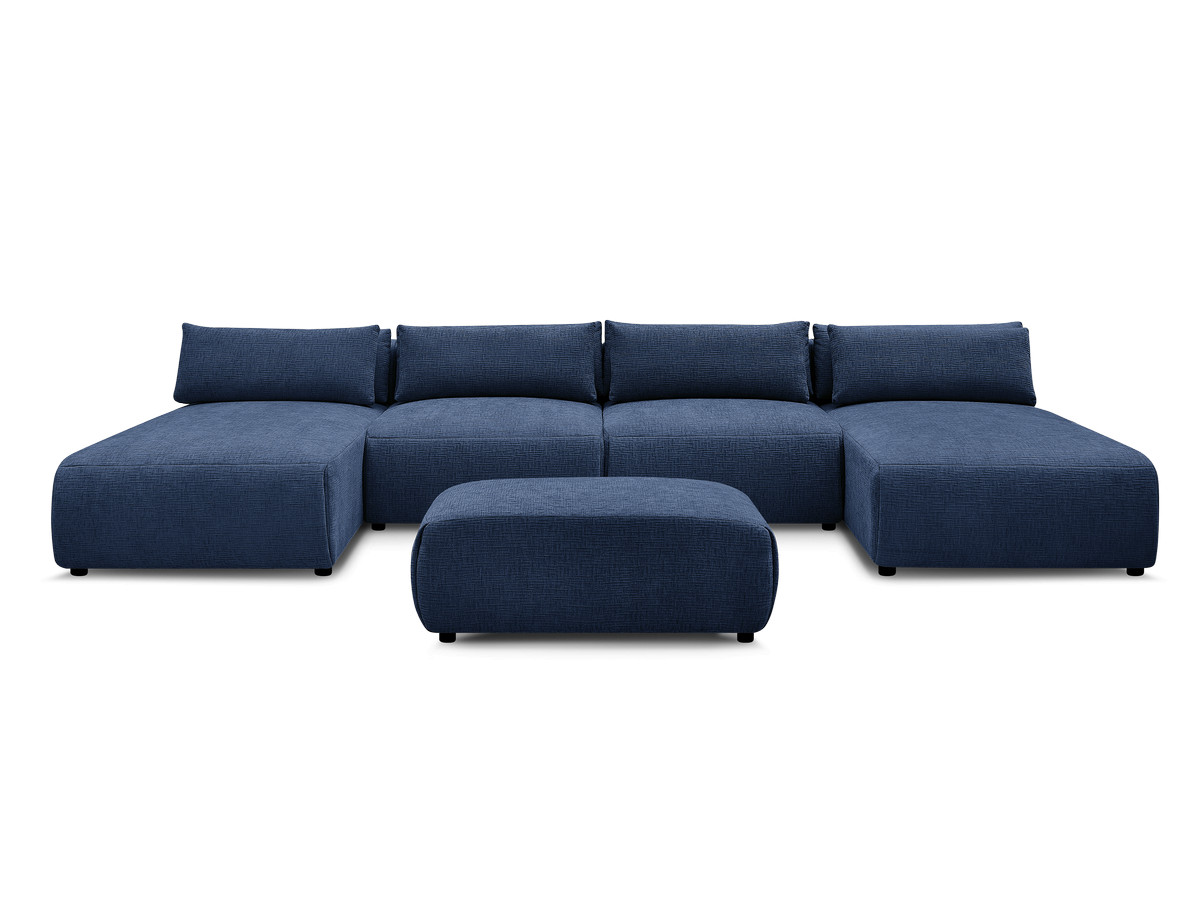 Modulaire vaste panoramabank met hoofdsteunen in JANA-stof met 2 chaise longues, 2 fauteuils en 1 kleine poef