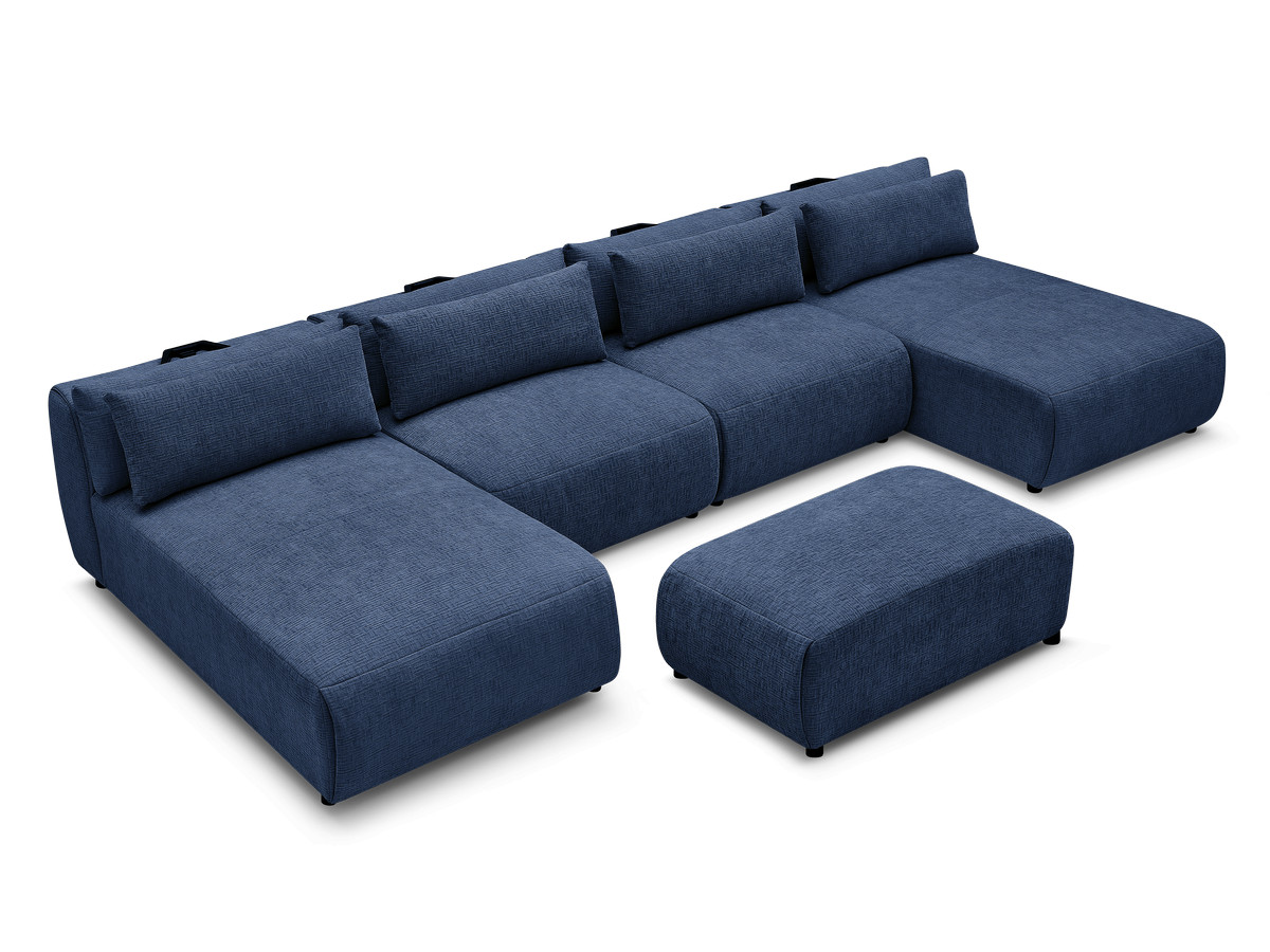 Modulaire vaste panoramabank met hoofdsteunen in JANA-stof met 2 chaise longues, 2 fauteuils en 1 kleine poef