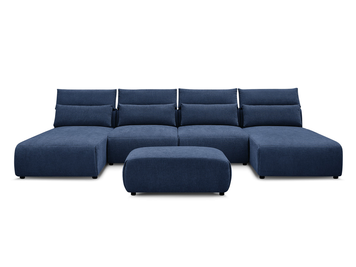 Modulaire vaste panoramabank met hoofdsteunen in JANA-stof met 2 chaise longues, 2 fauteuils en 1 kleine poef