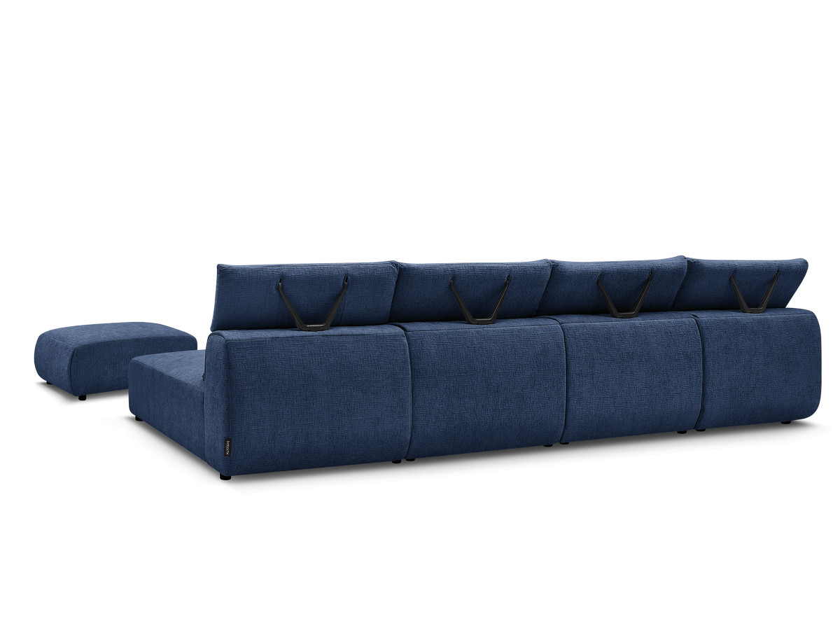 Modulaire vaste panoramabank met hoofdsteunen in JANA-stof met 2 chaise longues, 2 fauteuils en 1 kleine poef