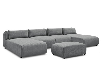 Canapé panoramique fixe modulable avec têtières JANA tissu texturé avec 2 méridiennes, 2 chauffeuses et 1 petit pouf