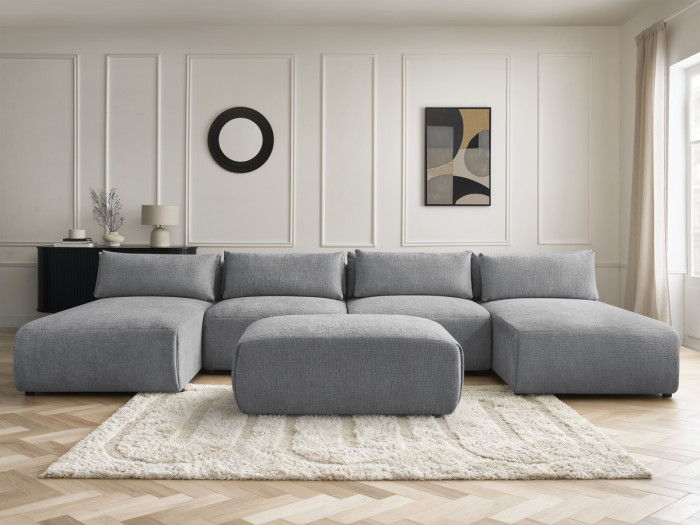 Canapé panoramique fixe modulable avec têtières JANA tissu texturé avec 2 méridiennes, 2 chauffeuses et 1 petit pouf
