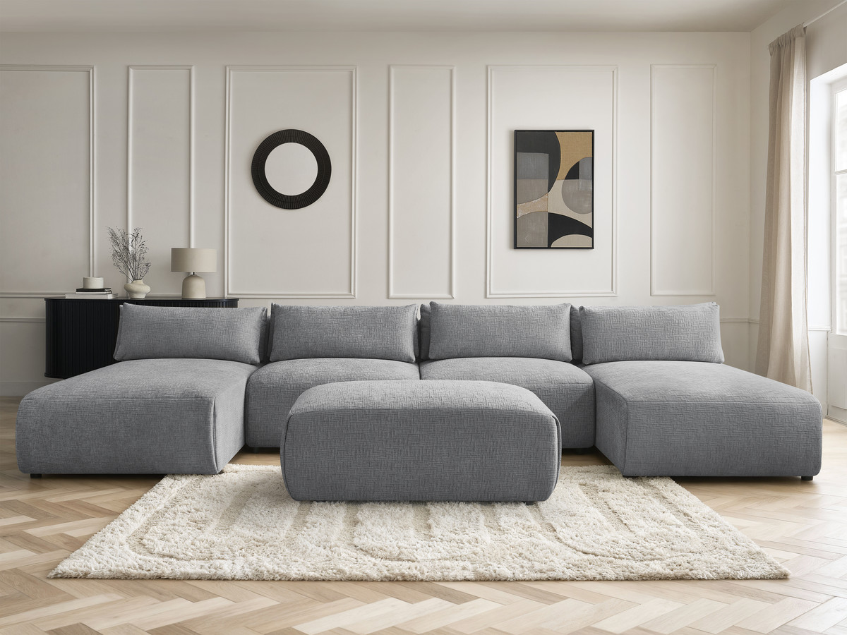 Modulaire vaste panoramabank met hoofdsteunen in JANA-stof met 2 chaise longues, 2 fauteuils en 1 kleine poef