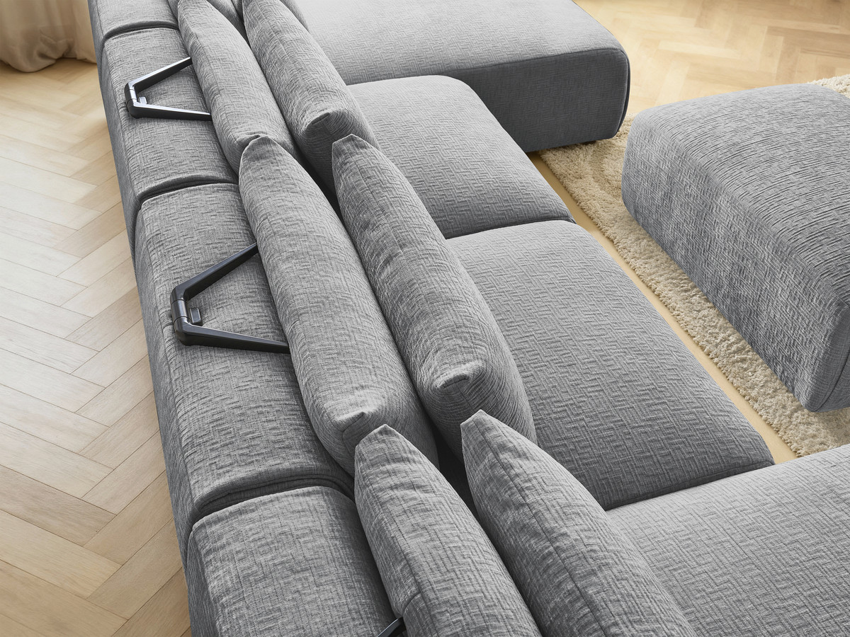 Modulaire vaste panoramabank met hoofdsteunen in JANA-stof met 2 chaise longues, 2 fauteuils en 1 kleine poef