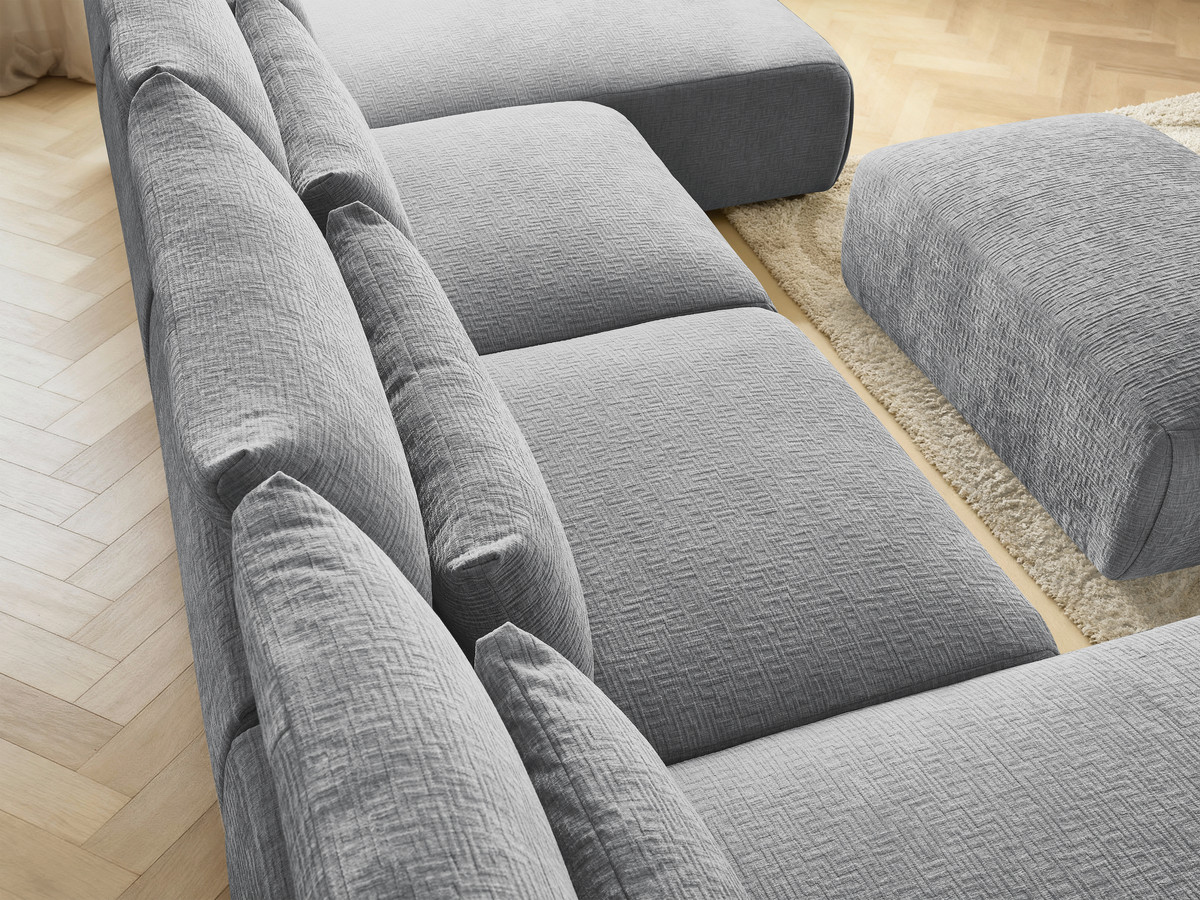 Modulaire vaste panoramabank met hoofdsteunen in JANA-stof met 2 chaise longues, 2 fauteuils en 1 kleine poef