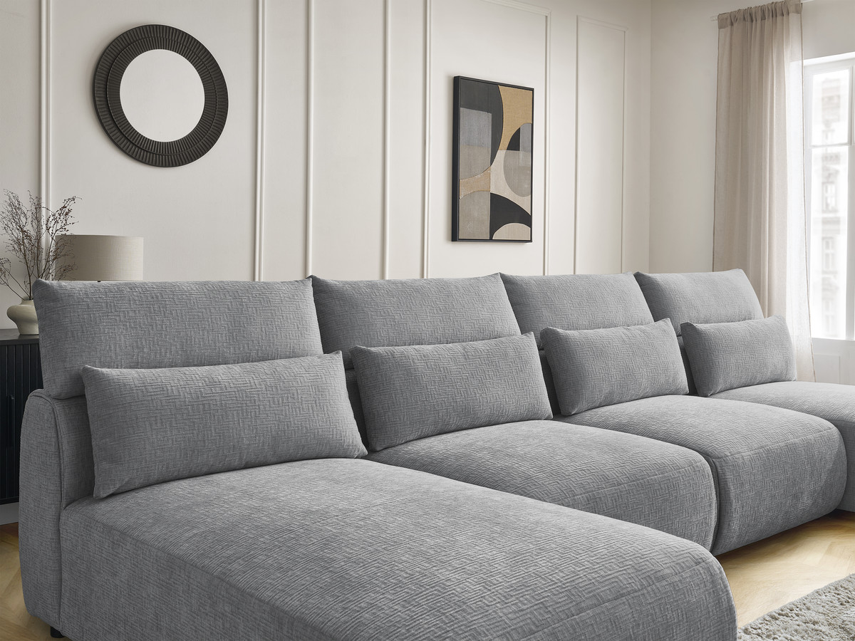 Modulaire vaste panoramabank met hoofdsteunen in JANA-stof met 2 chaise longues, 2 fauteuils en 1 kleine poef