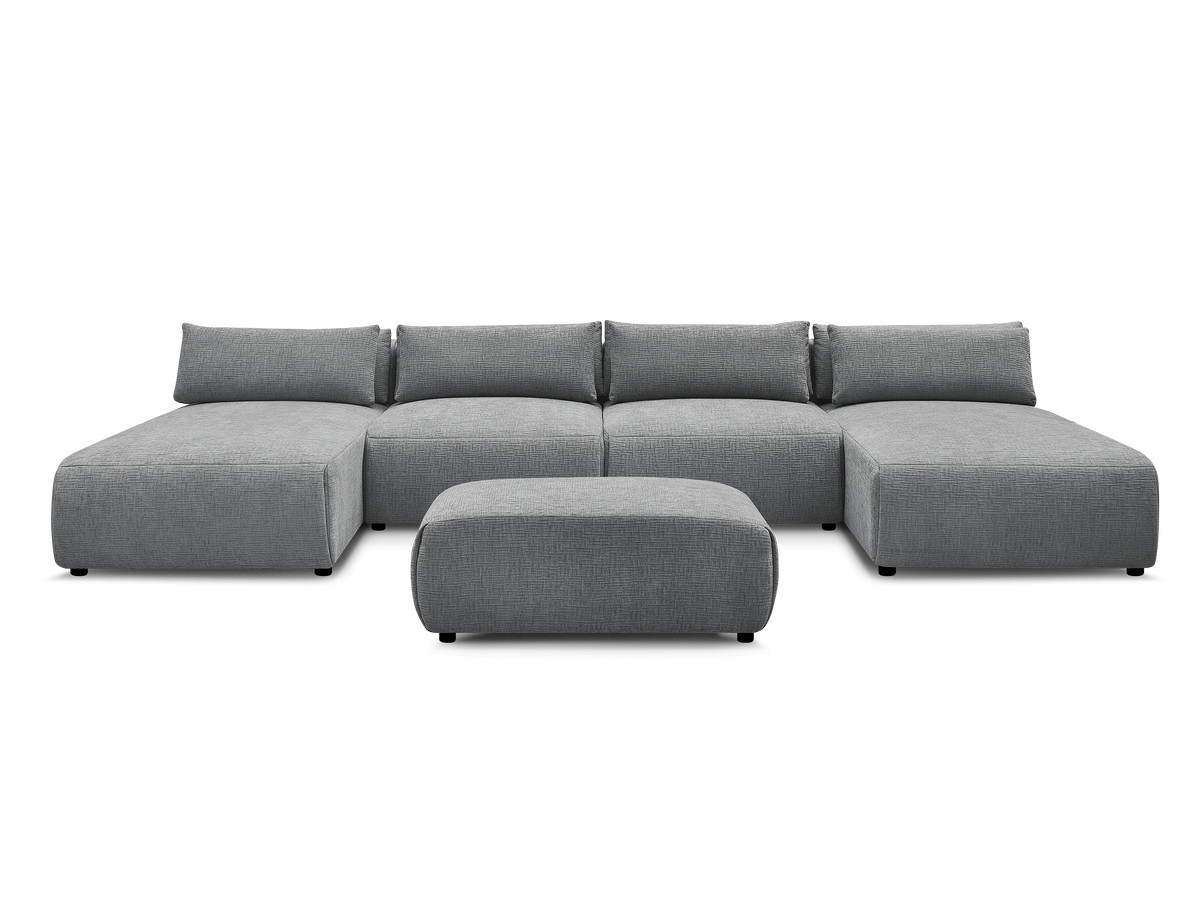 Modulaire vaste panoramabank met hoofdsteunen in JANA-stof met 2 chaise longues, 2 fauteuils en 1 kleine poef