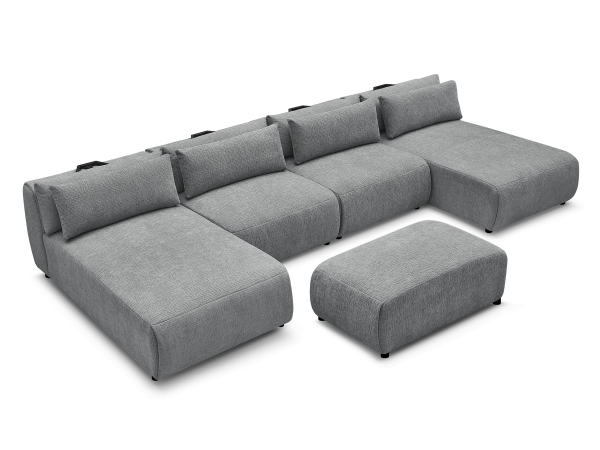 Modulaire vaste panoramabank met hoofdsteunen in JANA-stof met 2 chaise longues, 2 fauteuils en 1 kleine poef