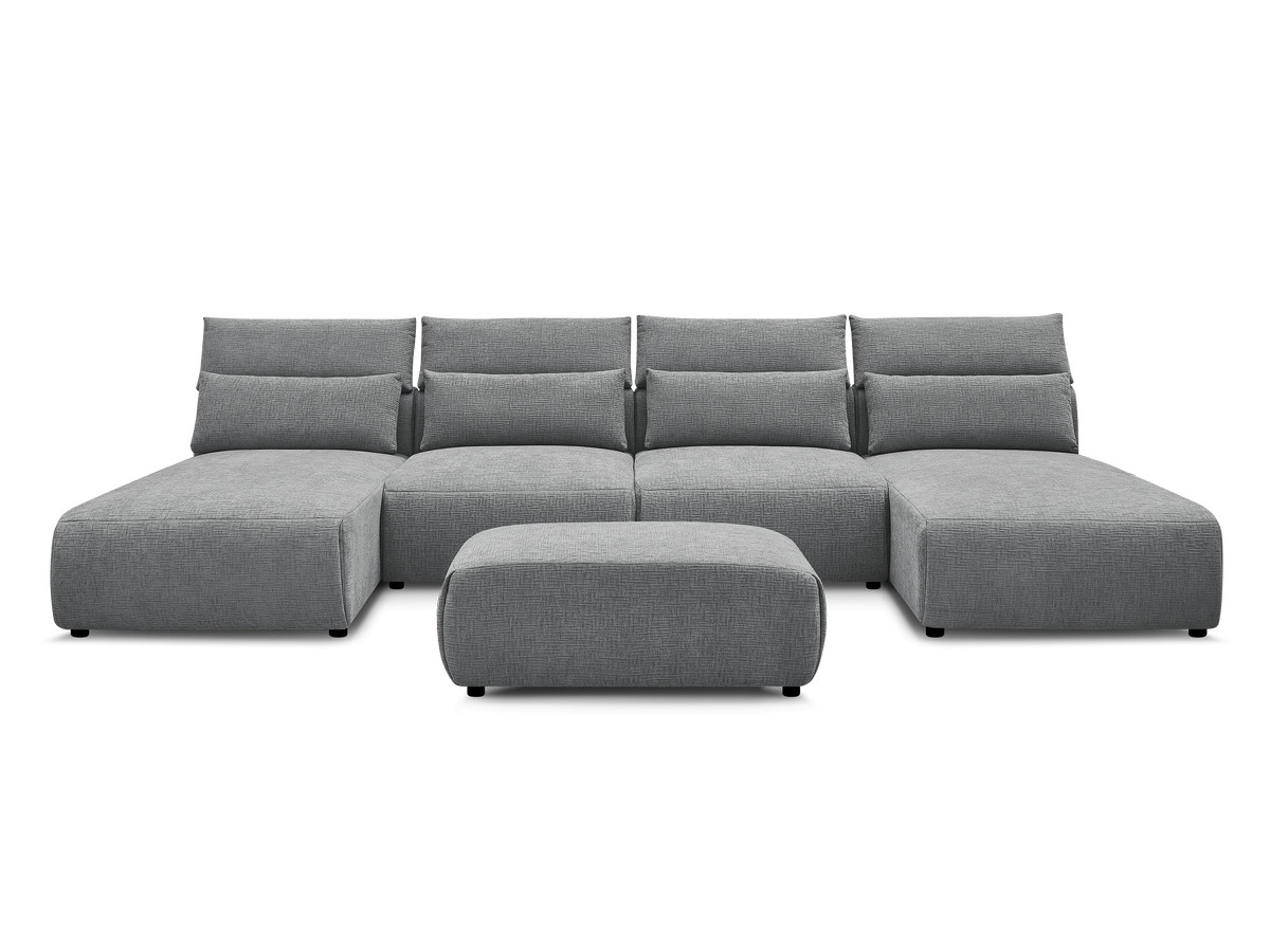 Modulaire vaste panoramabank met hoofdsteunen in JANA-stof met 2 chaise longues, 2 fauteuils en 1 kleine poef