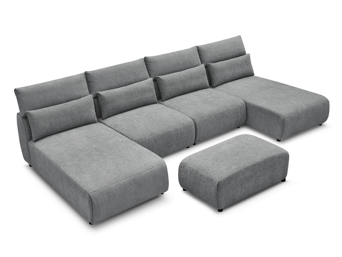 Modulaire vaste panoramabank met hoofdsteunen in JANA-stof met 2 chaise longues, 2 fauteuils en 1 kleine poef