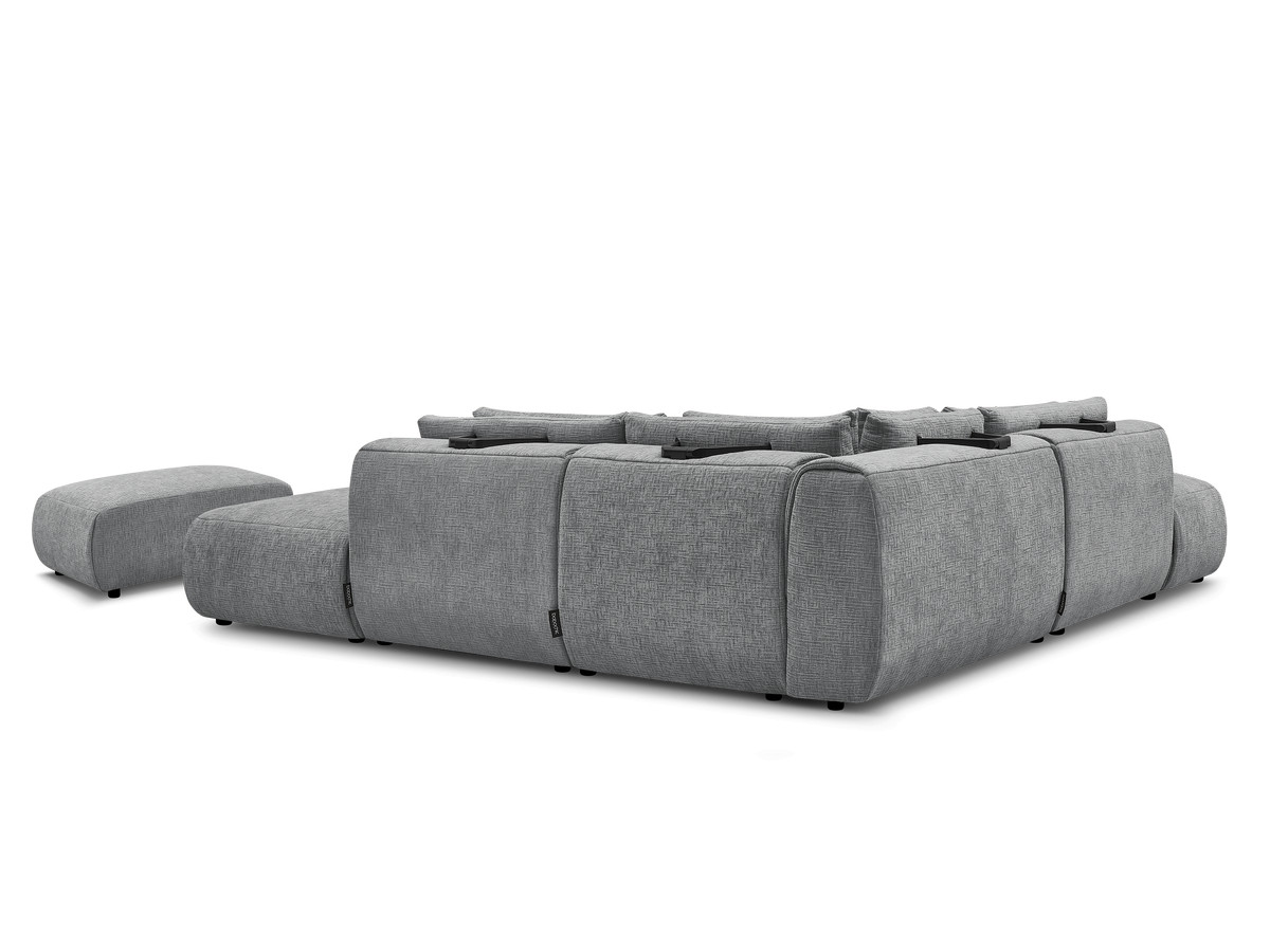 Modulaire vaste panoramabank met hoofdsteunen in JANA-stof met 2 chaise longues, 2 fauteuils en 1 kleine poef