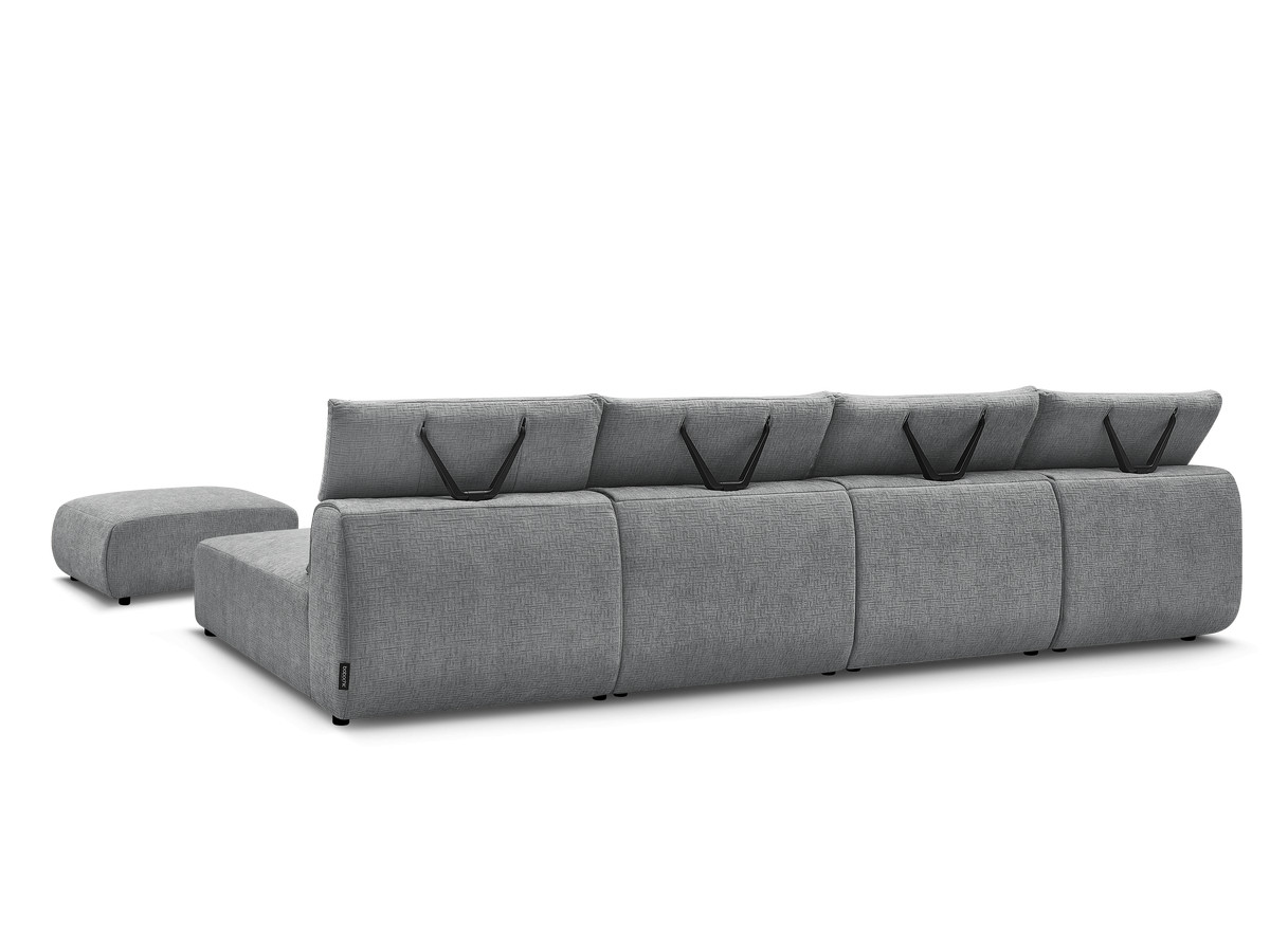 Modulaire vaste panoramabank met hoofdsteunen in JANA-stof met 2 chaise longues, 2 fauteuils en 1 kleine poef