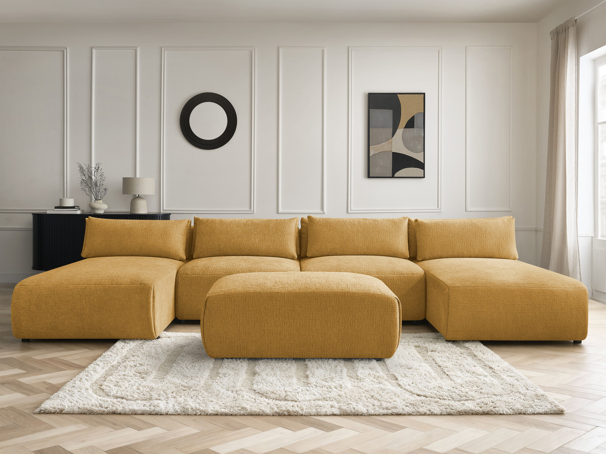 Modulaire vaste panoramabank met hoofdsteunen in JANA-stof met 2 chaise longues, 2 fauteuils en 1 kleine poef